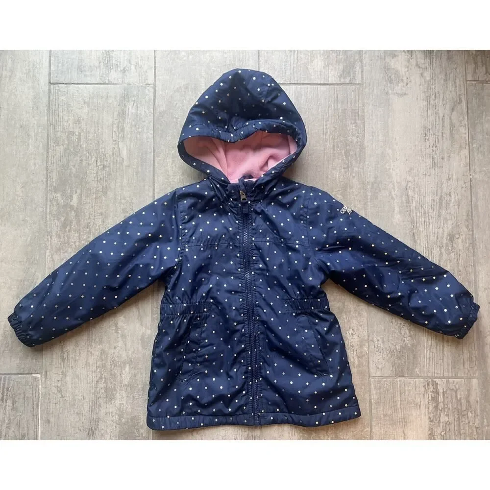 OshKosh B'Gosh Toddler Girls Midweight Hooded Navy Polka Dot Jacket Coat 4T Hood